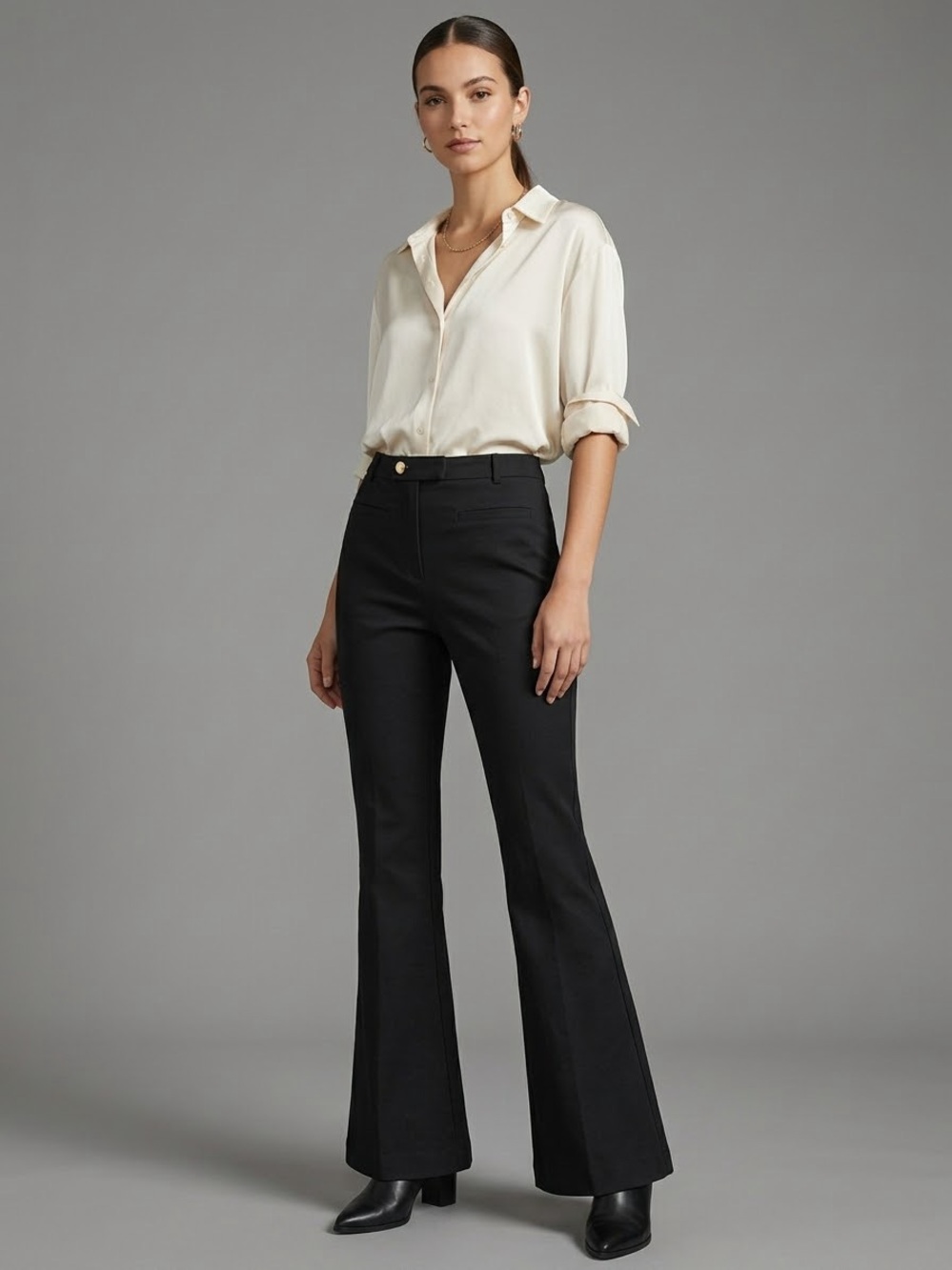Anthropologie Maeve Black Stretch Flare Trousers Gold Button Pants US 10
